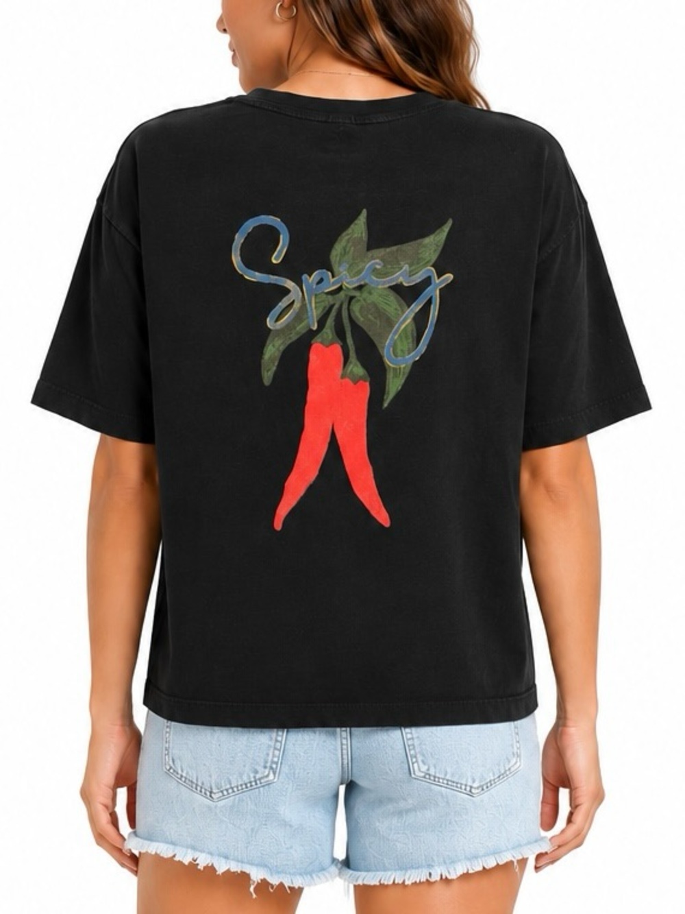 Universal Thread Spicy Chili Pepper Graphic Boxy Tee Black Oversized Pocket M